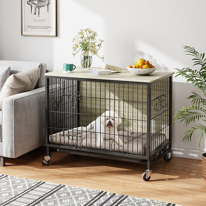 Dog Crate Furniture, 32.5" Modern Double-Door Dog House with Pull-Out Tray, Heavy-Duty Wooden Kennel & Removable Wheels, Side Table for Medium Dog Sizes, Rustic Gray