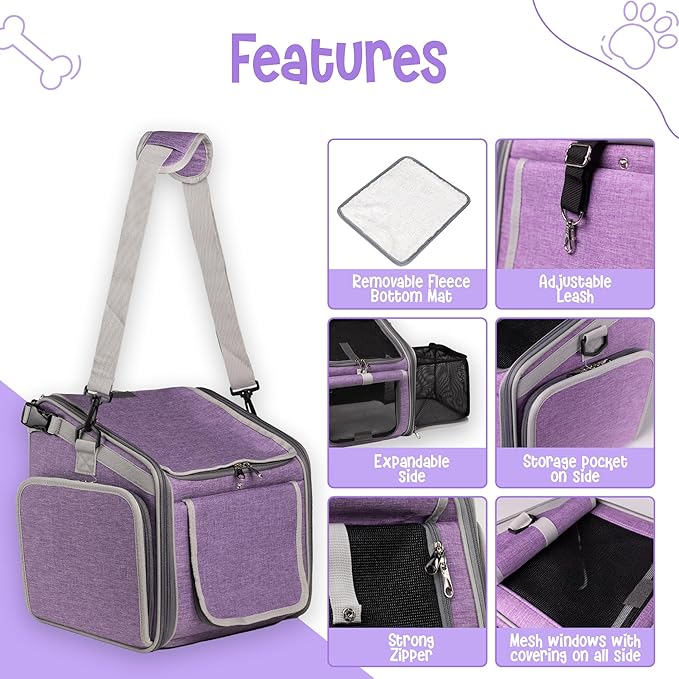 Dog Bike Basket, Mesh Windows, 2 Safety Leashes, Soft Sided, Safe Comfortable Pet Carrier for Small Dogs, Cats (Purple)
