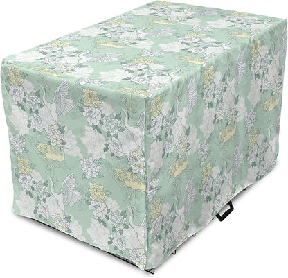 Lunarable Traditional Dog Crate Cover, Japanese Cranes Peonies Cultural Aspects Symbolic of Happy Life, Easy to Use Pet Kennel Cover for Cats & Medium Dogs, 30 Inch, Avocado Green Pale Green