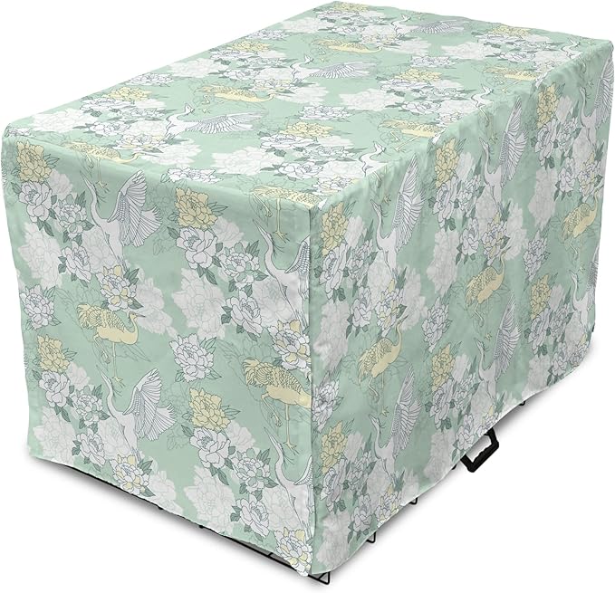Lunarable Traditional Dog Crate Cover, Japanese Cranes Peonies Cultural Aspects Symbolic of Happy Life, Easy to Use Pet Kennel Cover for Cats & Medium Dogs, 24 Inch, Avocado Green Pale Green
