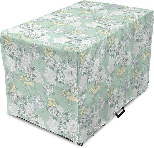 Lunarable Traditional Dog Crate Cover, Japanese Cranes Peonies Cultural Aspects Symbolic of Happy Life, Easy to Use Pet Kennel Cover for Medium Large Dogs, 48 Inch, Avocado Green Pale Green
