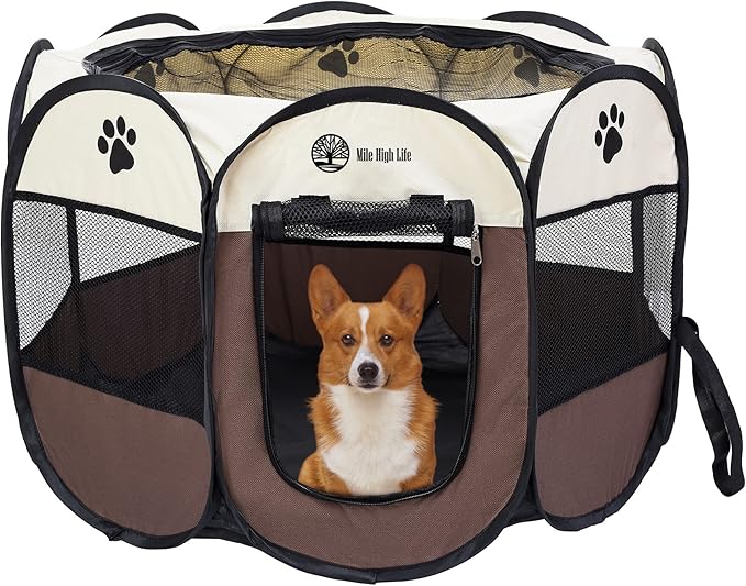 Mile High Life | Foldable Dog Playpen | Portable Dog Crate w Removable Shade Cover | Dog Kennel Indoor/Outdoor w Carry Case | Pen Tent for Dog/Cat/Rabbit(Brown, Small (29"x29"x17"))