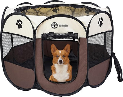 Mile High Life | Foldable Dog Playpen | Portable Dog Crate w Removable Shade Cover | Dog Kennel Indoor/Outdoor w Carry Case | Pen Tent for Dog/Cat/Rabbit(Brown, Medium (36"x36"x23"))