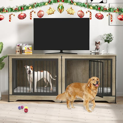 Rovibek 75 Inch Double Dog Crate Furniture with Double Doors, Removable Divider for Large Medium Dogs, Grey
