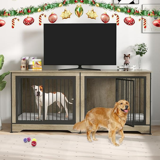 Rovibek 75 Inch Double Dog Crate Furniture with Double Doors, Removable Divider for Large Medium Dogs, Grey