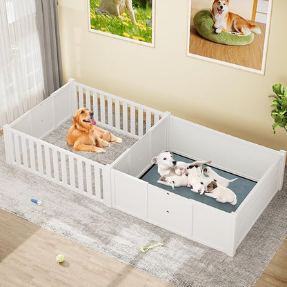 YITAHOME Whelping Box for Dogs/Puppies: 2-Room Large Indoor Outdoor Playpen 78" L x 39.4" W x 17.7" H with Removable Doors, Washable Pads, Portable Puppy Brooder