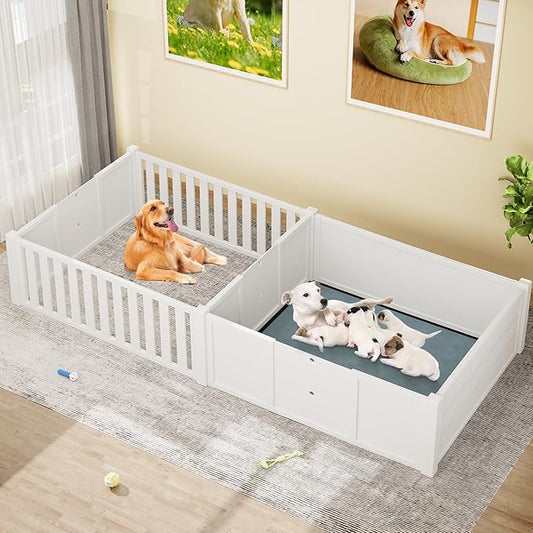 YITAHOME Whelping Box for Dogs/Puppies: 2-Room Large Indoor Outdoor Playpen 78" L x 39.4" W x 17.7" H with Removable Doors, Washable Pads, Portable Puppy Brooder