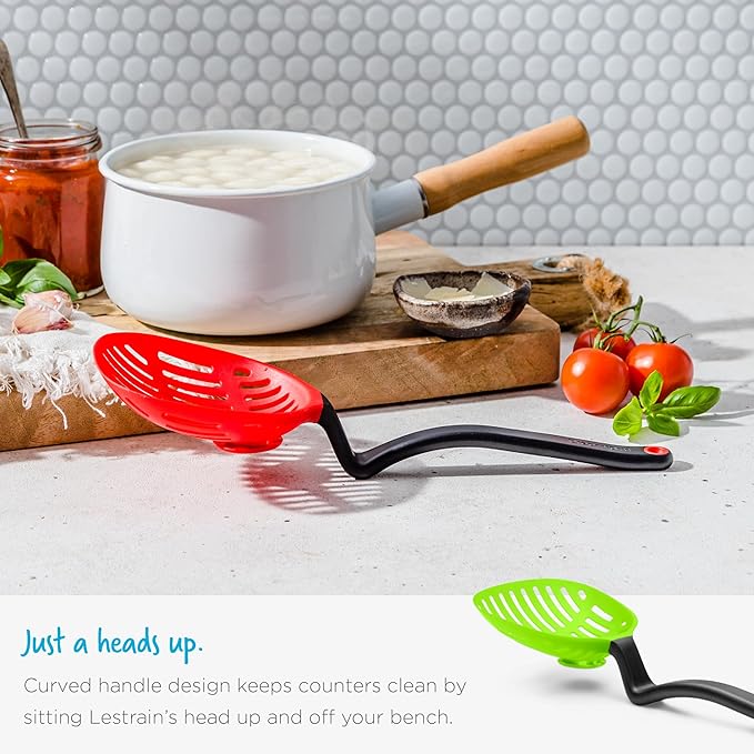 Dreamfarm Lestrain 2-in-1 Drip-Catching Sit-Up Slotted Cooking Spoon Scoop & Strainer - 11" Black