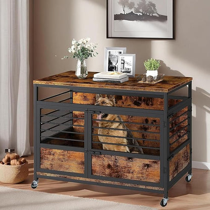 YITAHOME 39" Dog Crate Furniture with Wheels, Farmhouse Decorative Wood Dog Cage End Table Chew-Resistant Wooden Dog Kennel Indoor for Small Dogs, Rustic Brown