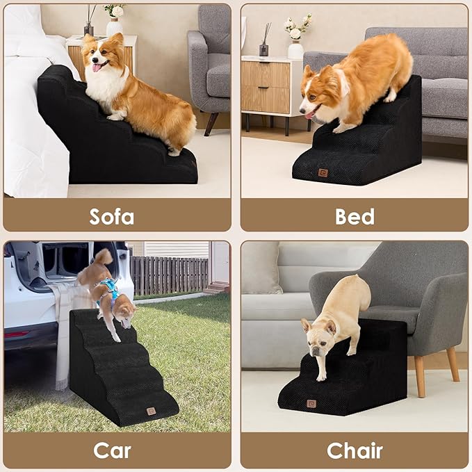 EHEYCIGA Curved Dog Stairs Ramp for High Beds 22.6" H, 5-Step Dog Steps for Small Dogs and Cats, Pet Stairs for High Bed Climbing, Non-Slip Balanced Pet Step Indoor, Black