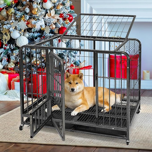 36 Inch Dog Cage for Medium Size Dogs, Heavy Duty Dog Crate with Removable Tray, Metal Dog Kennel Indoor Escape Proof, High Anxiety Crate with Double Doors, Lockable Wheels