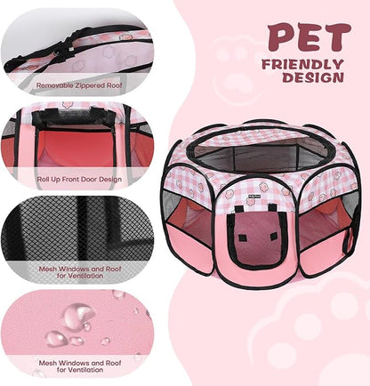 Lucky Monet Foldable Dog Playpen Cat Puppy Playpen Indoor Pop Up Pet Animal Playpen Outdoor Kennel Cage Pen Tent for Small Medium Dog Puppy Cat Kitten Rabbit - Large, Pink