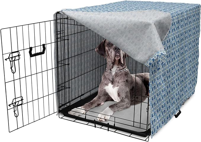 Lunarable Yellow and Blue Dog Crate Cover, Portuguese Traditional Tiles Abstract Mosaic Floral Swirl Motifs, Easy to Use Pet Kennel Cover for Medium Large Dogs, 48 Inch, Blue Orange Yellow