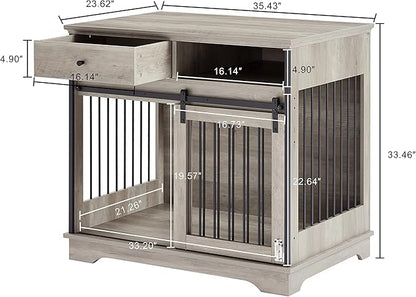 Dog Crate Furniture, Dog House Indoor with Sliding Barn Door, 35" Wood Dog Crate Heavy Duty Dog Kennels Decorative Dog Crate for Small/Medium/Large Dog Grey
