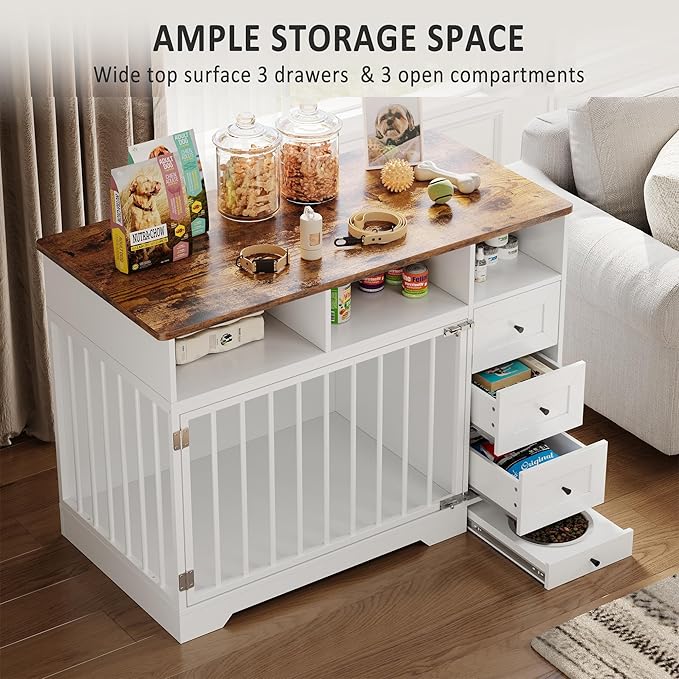 Dog Crate Furniture for Small Dogs, Wooden Dog Kennel Indoor with Storage Shelves, 3 Drawers & Hidden Bowl, Modern Pet Cage Side End Table, up to 120 lb, 48" L, Steel Lock, White