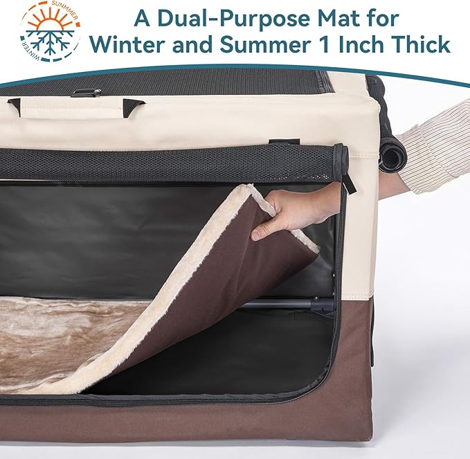 PETSFIT Soft Dog Crate, Travel Dog Crate - 36 Inch Easy Set-up, Light, Sturdy, Comfy Inside with Thicken Mat, Portable Crate for Home and Travel Brown