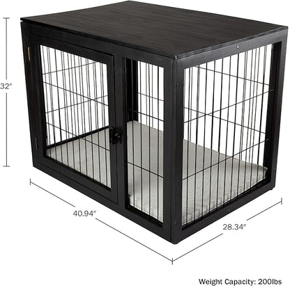 Furniture-Style Dog Crate - Acacia Wood Kennel for Large Dogs with Double Doors and Cushion - Dog Kennel Furniture by PETMAKER (Black)