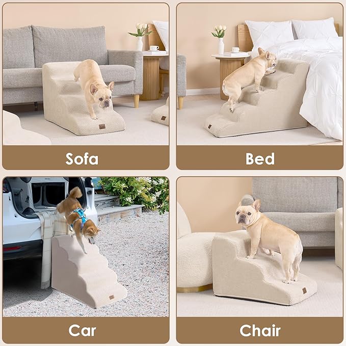 EHEYCIGA Curved Dog Stairs Ramp for High Beds 22.6" H, 5-Step Dog Steps for Small Dogs and Cats, Pet Stairs for High Bed Climbing, Non-Slip Balanced Pet Step Indoor, Beige