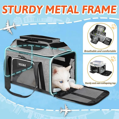 Petskd Top-Expandable Pet Carrier 17x12x8.5 Inches JetBlue Frontier Spirit Airline Approved, Soft-Sided Carrier for Small Cats and Dogs with Locking Safety Zippers and Anti-Scratch Mesh(Grey)