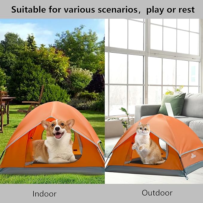 Outdoor Waterproof Pet Camping Tent, Cave Bed for Indoor Cats and Small Dogs, Portable Cat House Dog House, 39.3x39.3x23.6'', Orange, L.