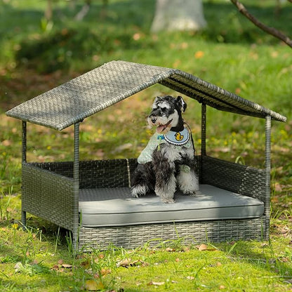 32" Wicker Dog House with Canopy, Indoor/Outdoor Elevated Rattan Dog Bed with Water-Resistant Soft Cushion, Large Outside Raised Dog Shelter with Roof for Small, Medium, and Large Dogs, Gray