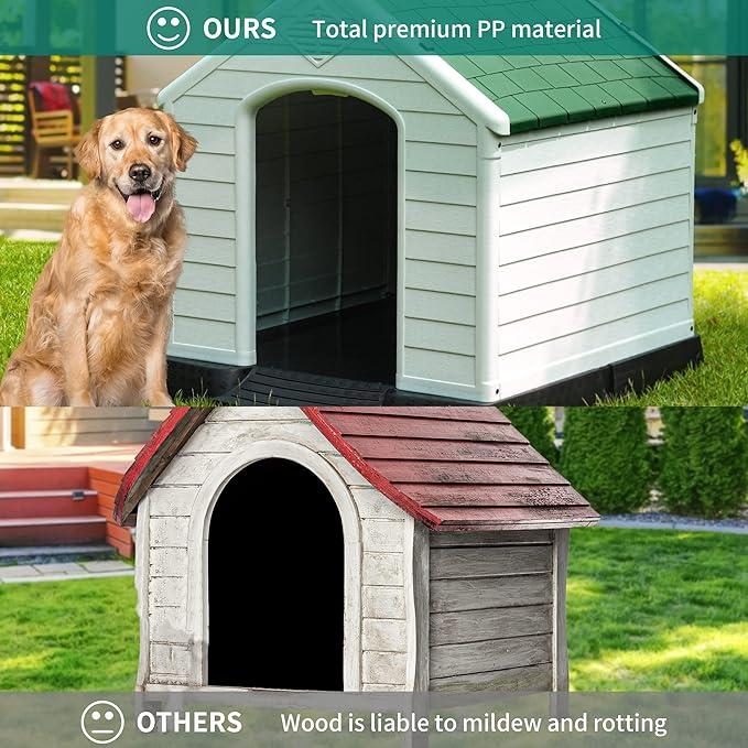 YITAHOME 41'' Large Plastic Dog House Outdoor Indoor Doghouse Puppy Shelter Water Resistant Easy Assembly Sturdy Dog Kennel with Air Vents and Elevated Floor (41''L*38''W*39''H, Green)