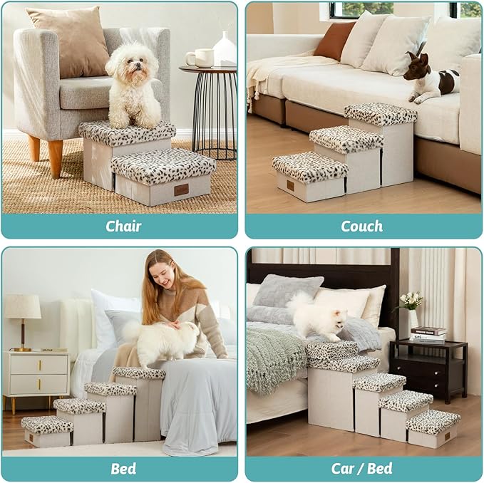 Dog Stair for Small Dogs with Storage, 13.6" H Foldable Pet Step with Soft Leakproof Cover, Older Cat Ramp for Chair Couch Sofa, Lightweight, Comfort, 24.8x13x13.6 inch, 3 Tiers, Leopard