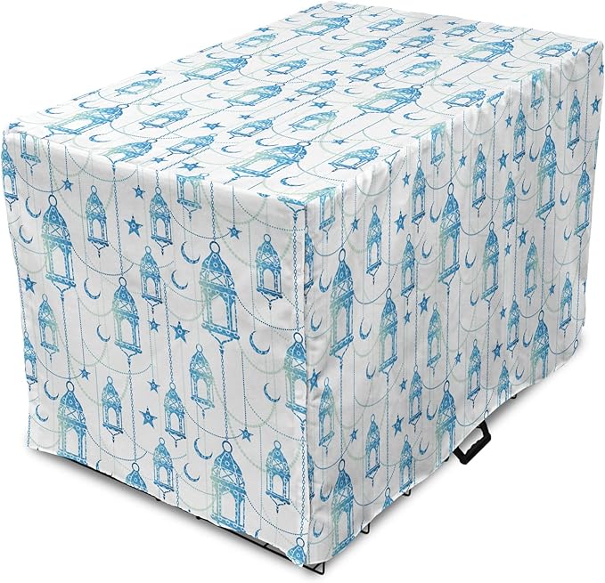 Lunarable Oriental Dog Crate Cover, Eastern Theme Celebration Pale Toned Composition Folkloric Look Print, Easy to Use Pet Kennel Cover for Cats & Medium Dogs, 30 Inch, Pale Green White Blue