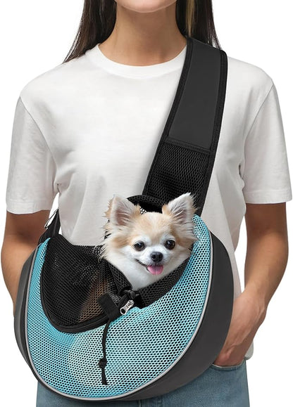 WOYYHO Dog Sling Carrier - Adjustable Strap,Hard Bottom,Large Zip Pocket,Breathable Mesh - Suitable for Puppies Outdoor Travel (Cyan M)