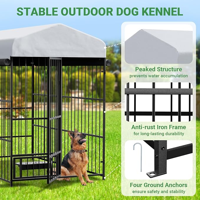 Outdoor Dog Kennel - 6.6 x 3.9 x 5.9 ft Outside Dog Kennel with Roof,Large Dog Outdoor Kennel with Rotating Feeding Bowls for Medium Small Dogs