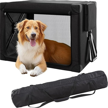 Travel Dog Crate - 37 Inch Collapsible Portable Foldable Crates for Large Dogs with Detachable Storage Bag, Removable Pad, and Mesh Windows for Outdoor & Indoor (Black)