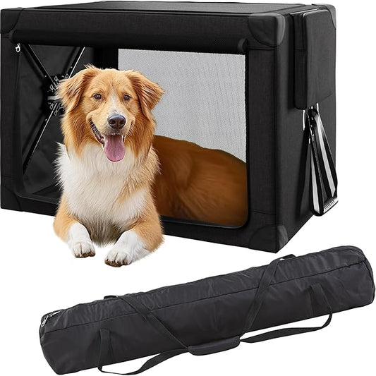 Travel Dog Crate - 37 Inch Collapsible Portable Foldable Crates for Large Dogs with Detachable Storage Bag, Removable Pad, and Mesh Windows for Outdoor & Indoor (Black)