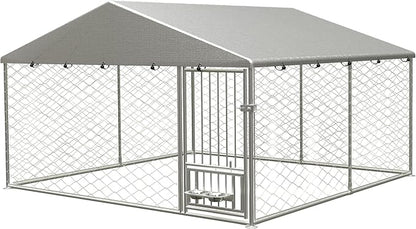 Large Outdoor Dog Kennel, Heavy Duty Galvanized Steel Dog Enclosure with Swivel Feeder, Chicken Coop w/Waterproof UV-Resistant Cover, Lockable Door Chain Link for Backyard (118" L x 118" W x 60" H)