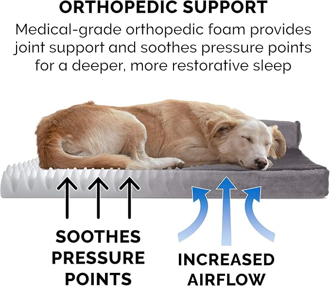 Furhaven Orthopedic Dog Bed for Medium/Small Dogs w/ Removable Bolsters & Washable Cover, For Dogs Up to 35 lbs - Plush & Velvet L Shaped Chaise - Platinum Gray, Medium