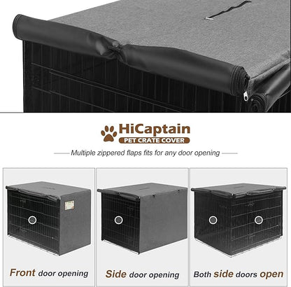 HiCaptain 48 inch Dog Crate Cover with Card Pocket, Heavy Duty Polyester Windproof Pet Kennel Cover Universal Fit for 1 or 2 Doors Standard Wire Crate (Grey)