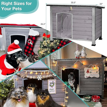 Feral Dog House Outdoor,Anti Bite Iron Frame Dog Kennel,Wood Warm Pets Home,Insulated Weatherproof Outside Shelter for Feral Animal (33.5"(L)×22"(W)×25.2"(H)-Grey-in)