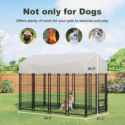 Greesum Large Outdoor Dog Kennel, Heavy Duty Welded Wire Steel Dog Playpen Fence with Secure Lock/UV-Resistant Waterproof Roof Cover/Rotaing Feeder Bowls, for Small/Medium/Large Dogs, XL