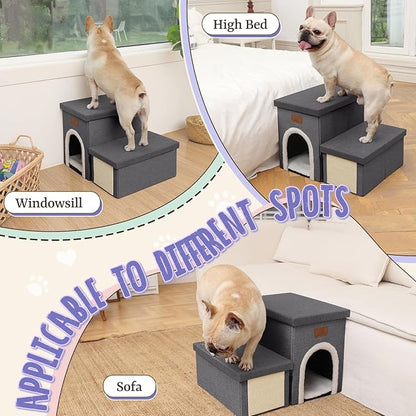 downluxe Dog Stairs for Small Dogs, Foldable Dog Steps for Bed, Sofa and Chair, Non-Slip Pet Steps with Cat Scratcher and Condo (2-Step Pet Stairs, Dark Grey)