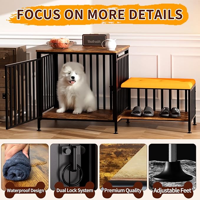 Shoe Bench Dog Crate with Storage Chew-Proof Steel-Tube Dog Cage, Indoor Pet Crate End Table for Small Dogs