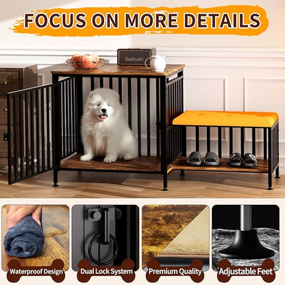 Shoe Bench Dog Crate with Storage Chew-Proof Steel-Tube Dog Cage, Indoor Pet Crate End Table for Small Dogs