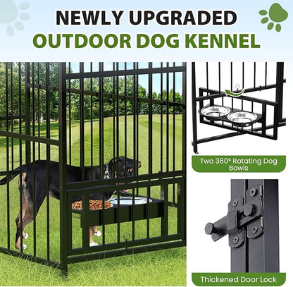 Rovibek Outdoor Dog Kennel, Outside Dog Kennel with Roof, Dog Kennels Outside, Heavy Duty Dog Enclosure with 2 Rotating Bowls, Large Dog Kennels Outdoor