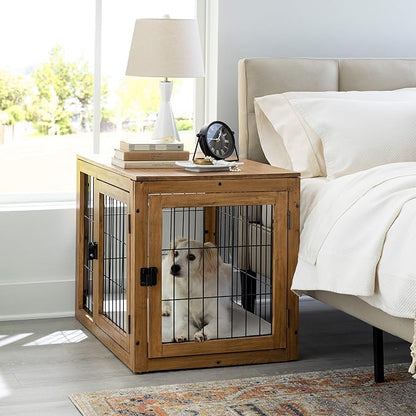 Furniture-Style Dog Crate - Acacia Wood Kennel for Medium Dogs with Double Doors and Cushion - Dog Cage Furniture by PETMAKER (Natural)
