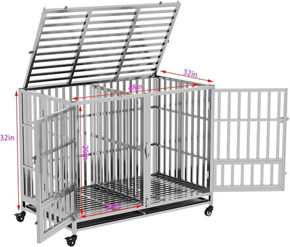 37" 42" 48" Heavy Duty Dog cage Stainless Steel Metal Kennel and Crate, Collapsible for Medium to Large Dogs, Easy to Assemble pet Pen with Four Lockable Wheels, Black Tray (48in-sm)