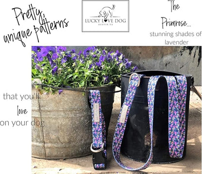 Lucky Love Dog, Comfortable, Soft, Cute Female Dog Collar for Medium Dogs, Black & Purple Floral Print, Adjustable Nylon Collar, Primrose, Medium