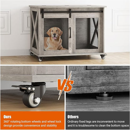 Dog Crate Furniture with Sliding Barn Door,Flip Top Furniture Style Dog Crate End Table with Wheels,Indoor Dog Kennel Furniture with Removable Divider,Dog House,Grey