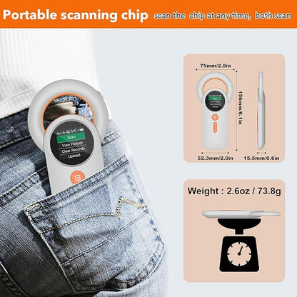 Pet Microchip Scanner Rechargeable RFID EMID Micro Chip Reader Scanner (2.4GHz Wireless+Bluetooth+USB) All in one 1.44” TFT Screen Display ISO11784 / ISO11785 / FDX-B and EMID for Animal/Pet/Dog/Cat