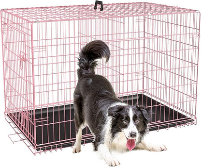 FDW XL Dog Crate Dog Kennel Cage with Double Door,42 inch Folding Metal Wire Dog Cage with Removable Tray&Divider Panel,Pet Crate for Medium Large Dogs,Pink
