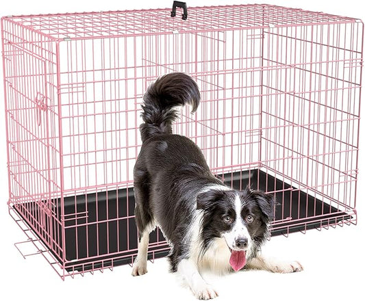 FDW XL Dog Crate Dog Kennel Cage with Double Door,42 inch Folding Metal Wire Dog Cage with Removable Tray&Divider Panel,Pet Crate for Medium Large Dogs,Pink