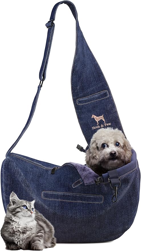 Noah & Paw Dog Sling Carrier for Small Dogs 5-18lb, Dog Sling for Small Dogs and Cats, Dog Carrier with Adjustable Padded Strap, Vegan Denim Lined with Fur, 3X Safety Features, Machine Washable