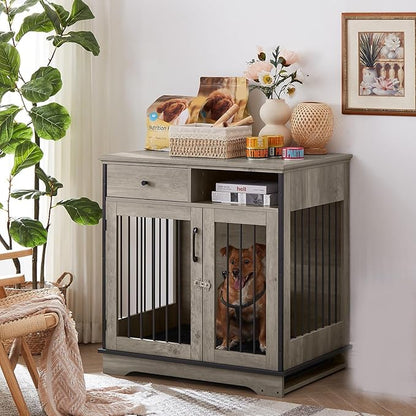 32Inch Dog Crate Wooden Lockable Dog Kennel with Removable Tray and Storage Drawer Indoor Dog Crate Furniture End Table Pet Cage 32.3'' W x 22.8'' D x 33.5'' H Grey